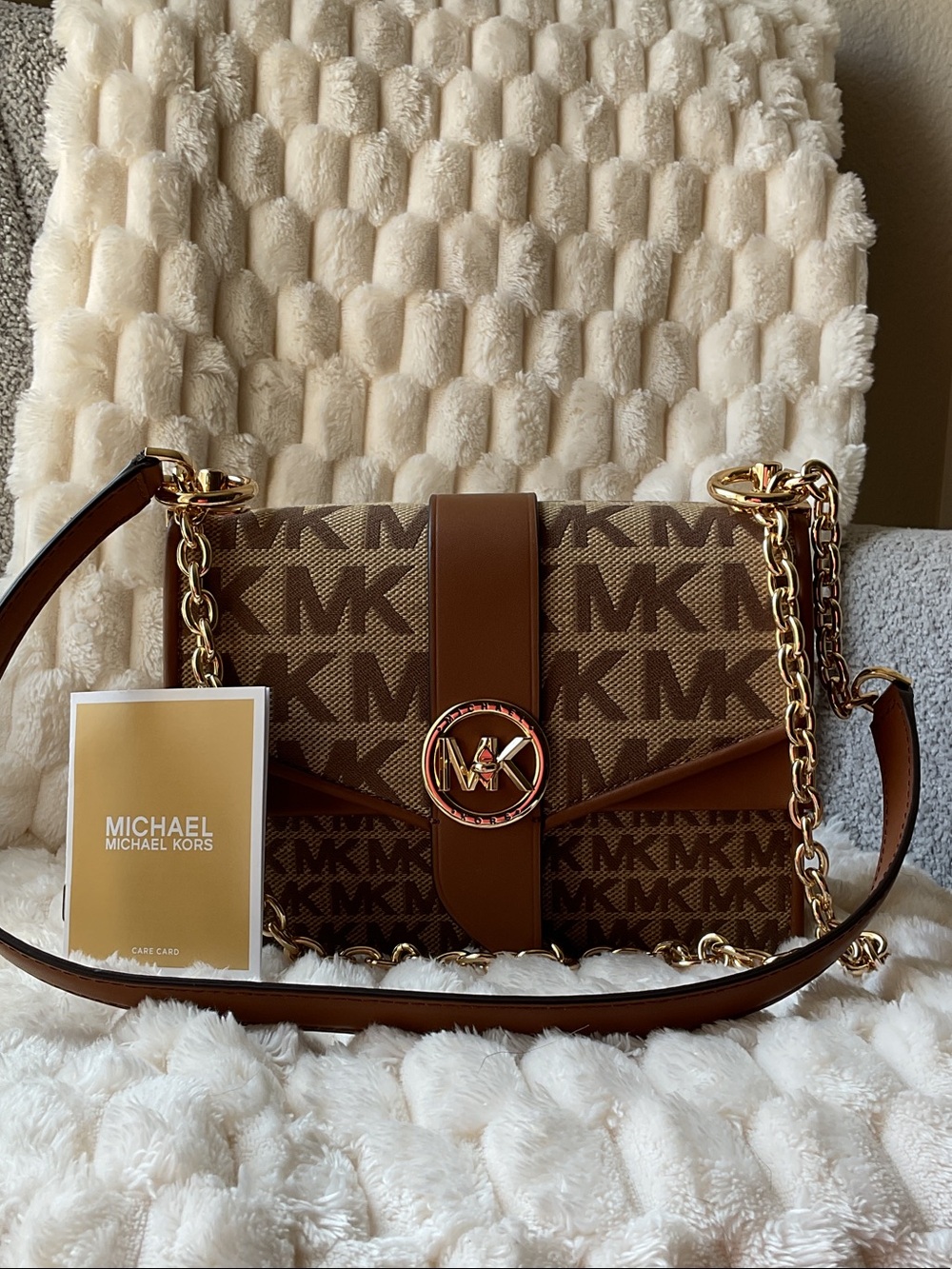 Michael Kors Brown MK Logo Chain Crossbody Bag GREENWICH Small.